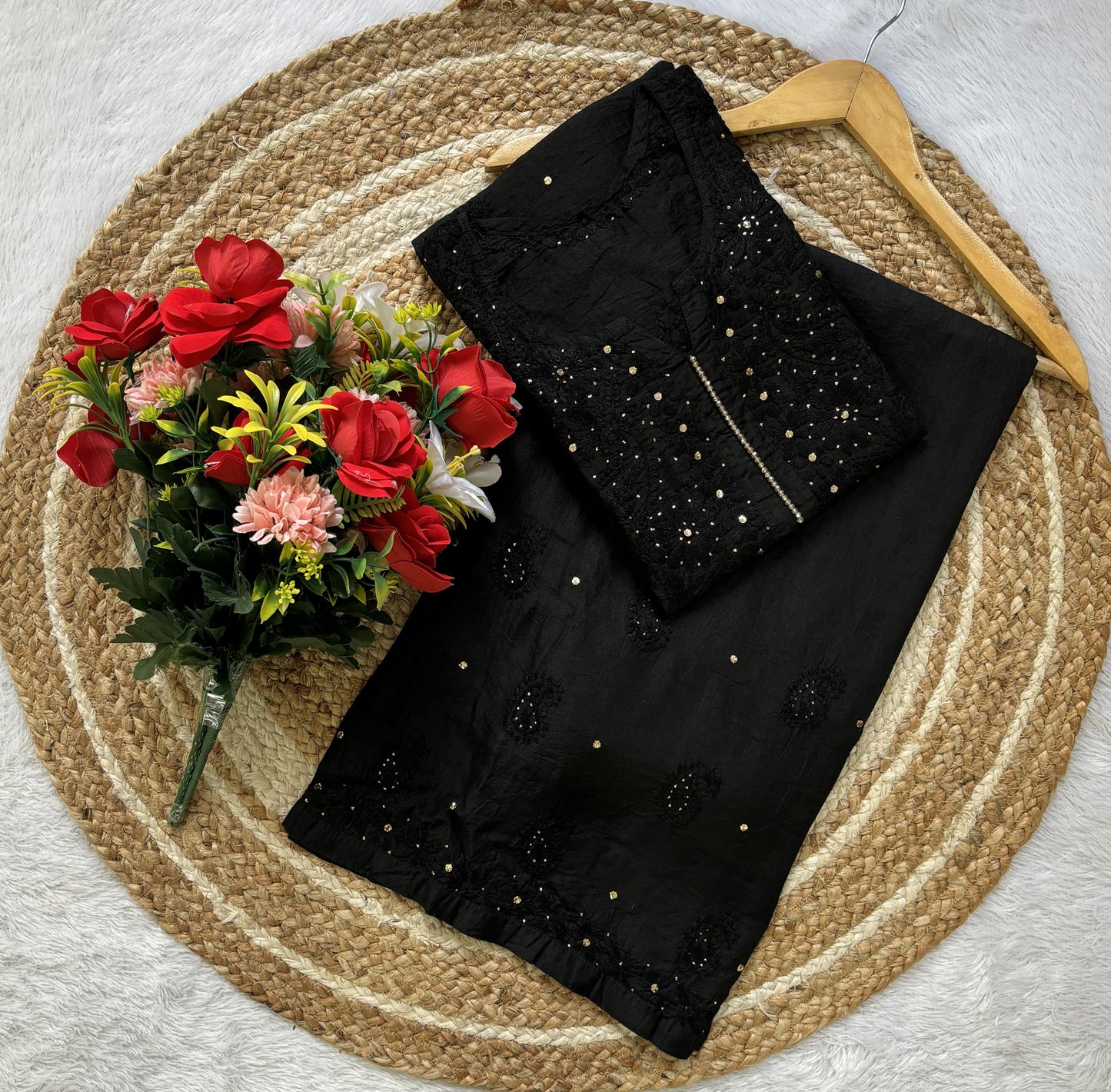 Rooh Chanderi Silk Plazo Set - Lucknowi Chikankari with Mukesh Tiki and Moti Work