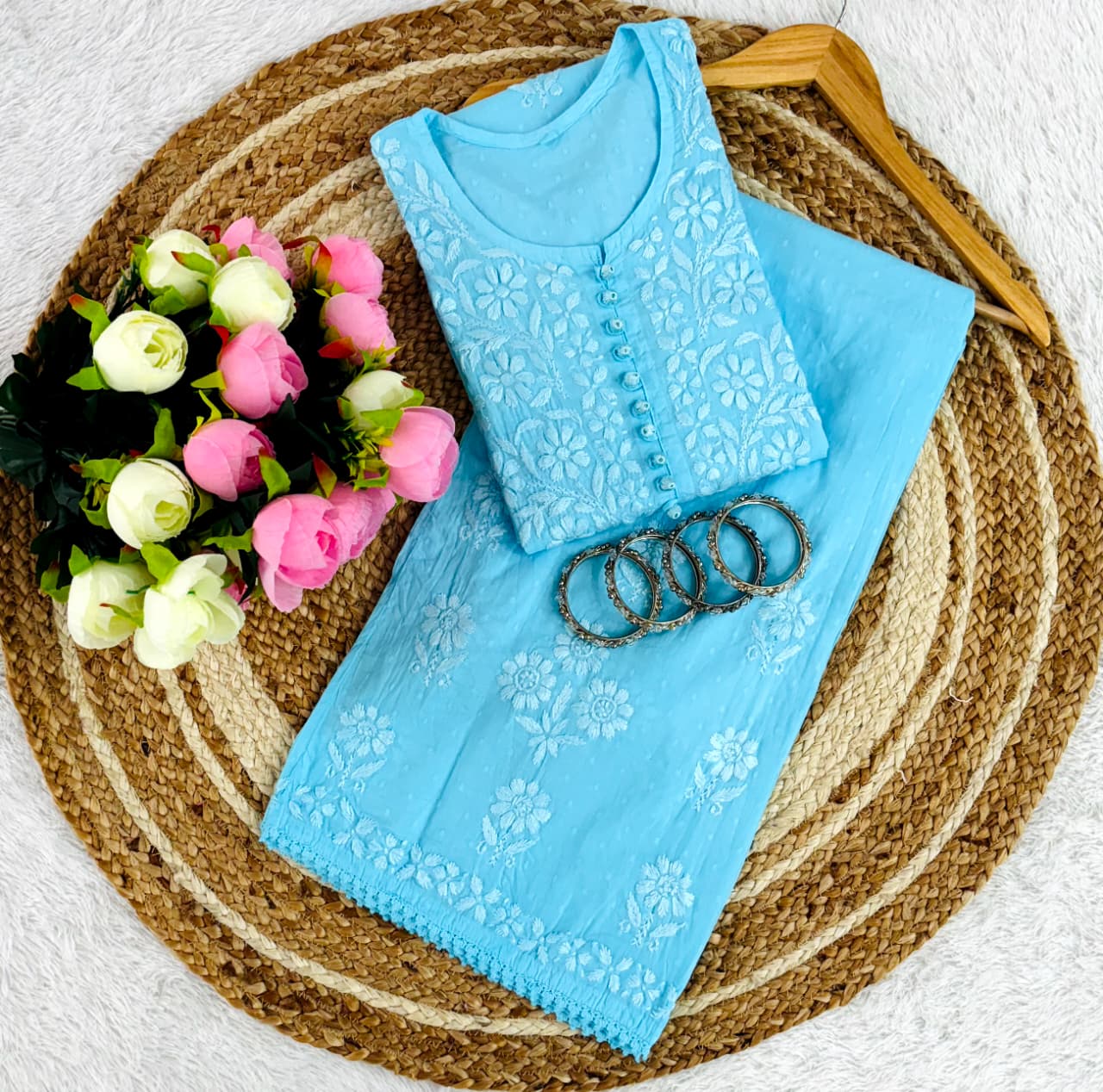 Noor Plazo Set - Lucknowi Chikankari Ghas Patti Handwork with Lace Design