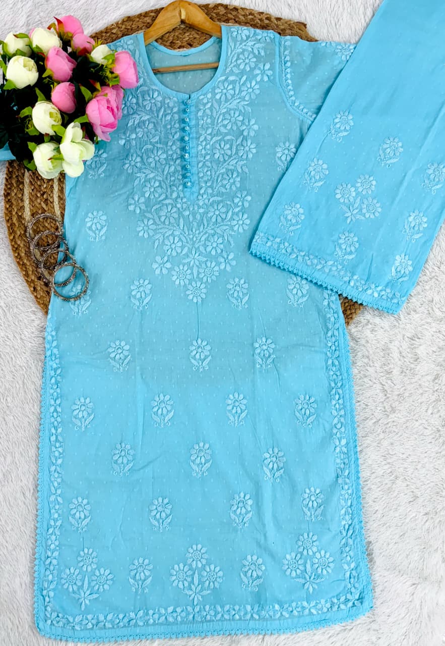 Noor Plazo Set - Lucknowi Chikankari Ghas Patti Handwork with Lace Design