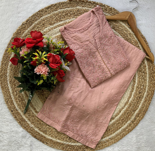 Rooh Chanderi Silk Plazo Set - Lucknowi Chikankari with Mukesh Tiki and Moti Work