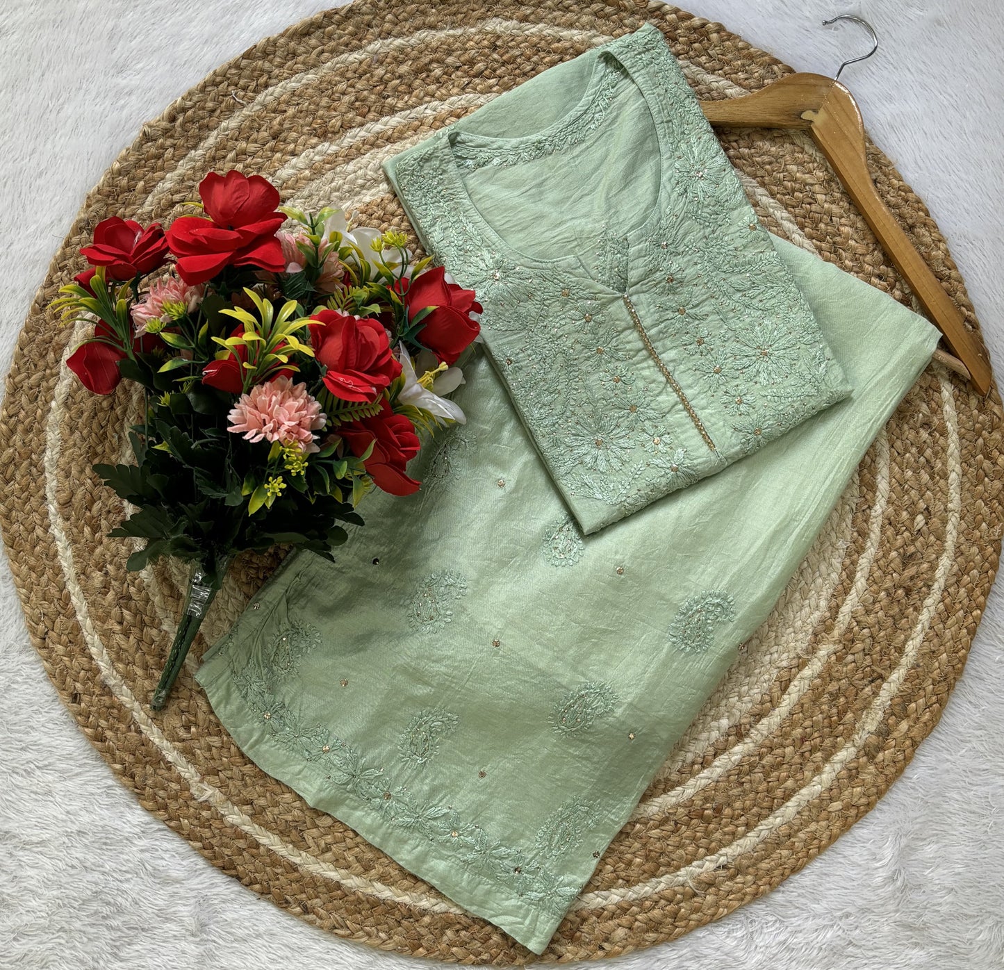 Rooh Chanderi Silk Plazo Set - Lucknowi Chikankari with Mukesh Tiki and Moti Work