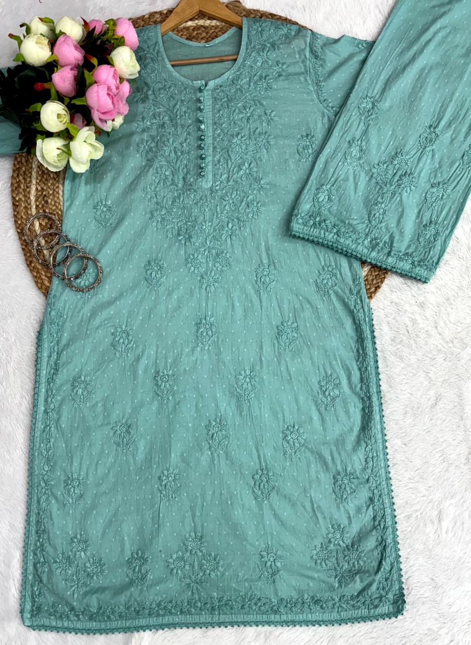 Noor Plazo Set - Lucknowi Chikankari Ghas Patti Handwork with Lace Design