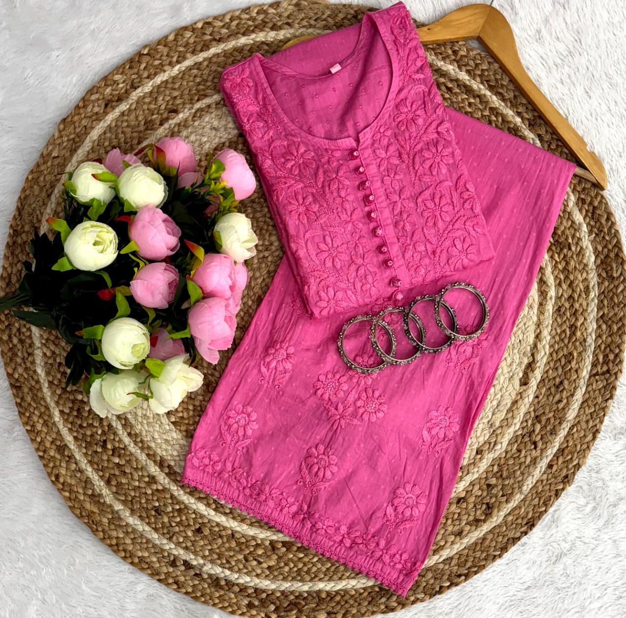 Noor Plazo Set - Lucknowi Chikankari Ghas Patti Handwork with Lace Design