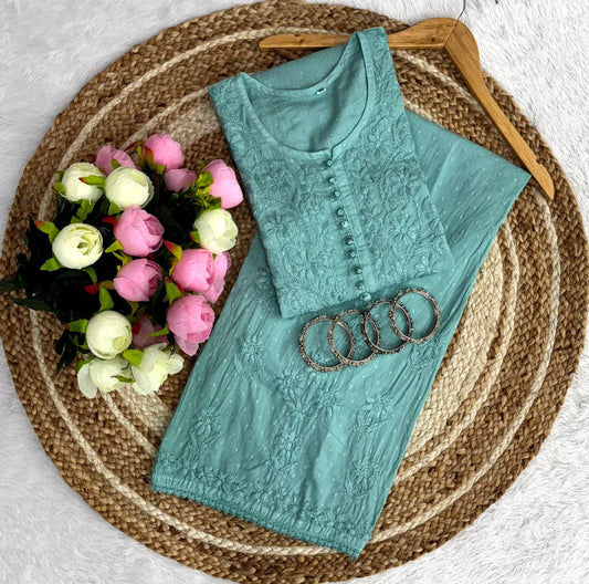 Noor Plazo Set - Lucknowi Chikankari Ghas Patti Handwork with Lace Design