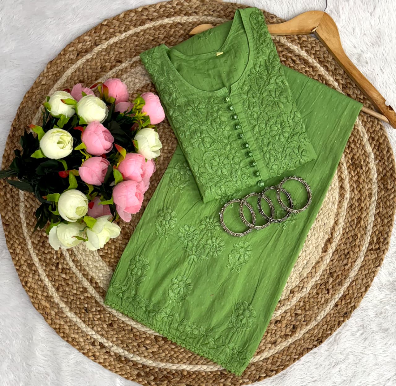 Noor Plazo Set - Lucknowi Chikankari Ghas Patti Handwork with Lace Design