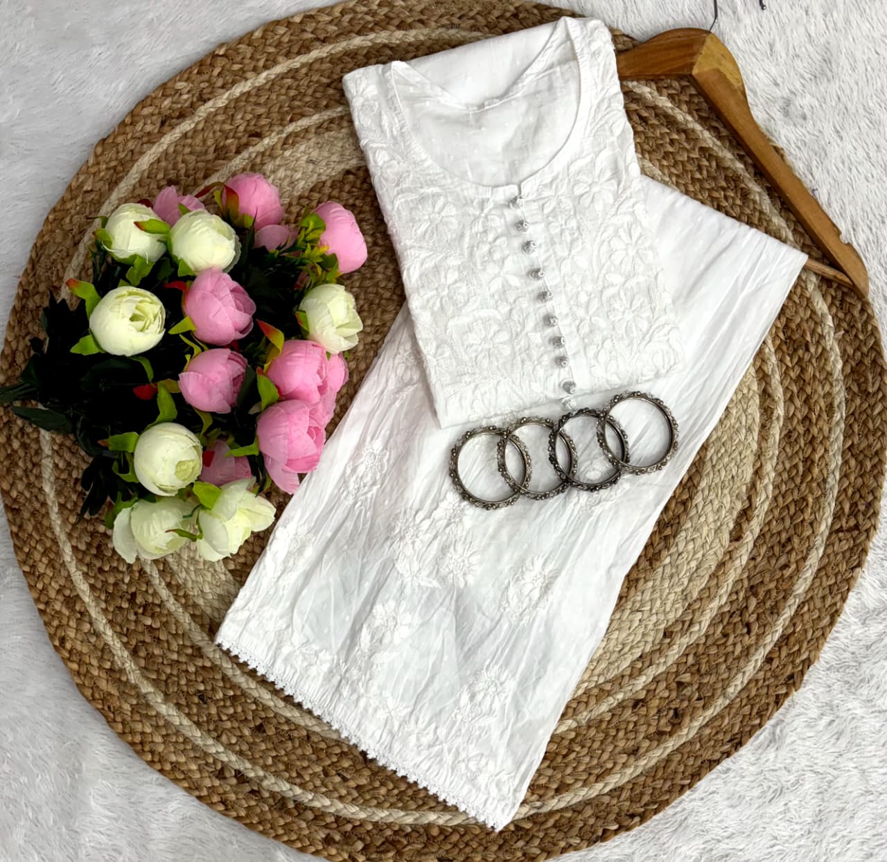 Noor Plazo Set - Lucknowi Chikankari Ghas Patti Handwork with Lace Design
