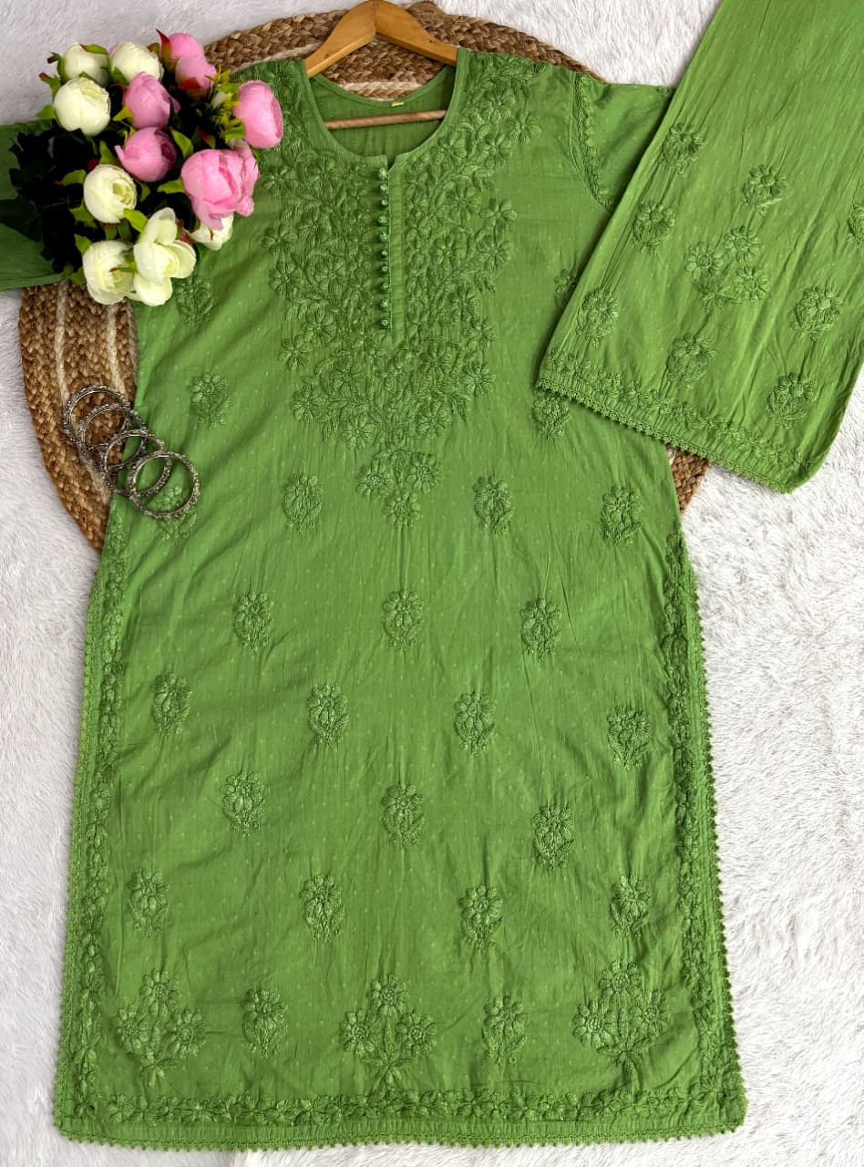 Noor Plazo Set - Lucknowi Chikankari Ghas Patti Handwork with Lace Design