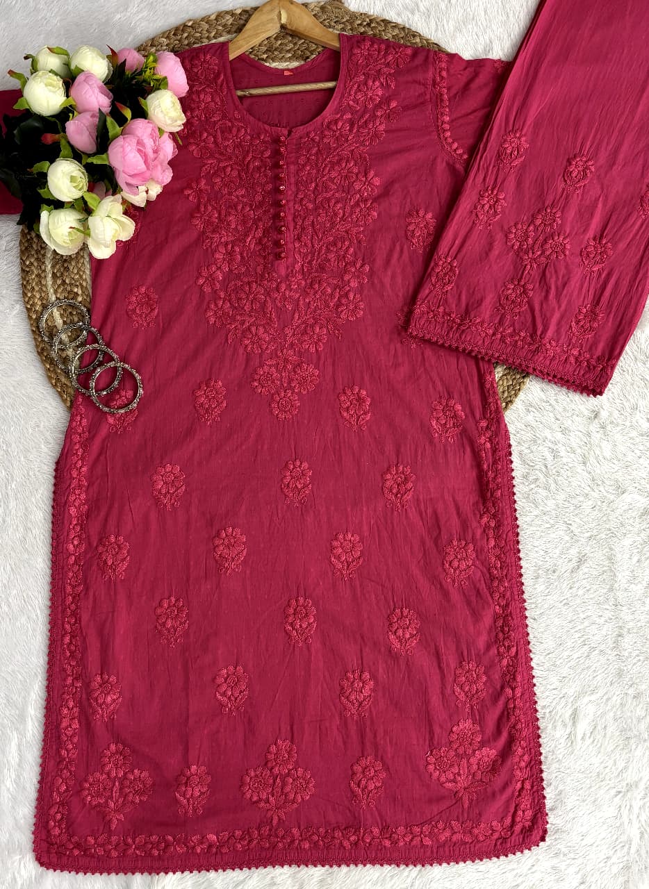 Noor Plazo Set - Lucknowi Chikankari Ghas Patti Handwork with Lace Design