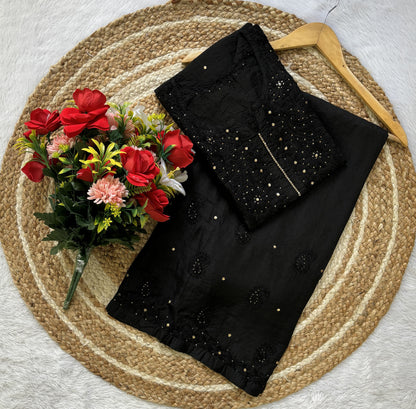 Rooh Chanderi Silk Plazo Set - Lucknowi Chikankari with Mukesh Tiki and Moti Work